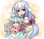  2girls ajitarou_(setsu) akari_(eco) animal_ears blue_hair bow cat_ears cat_girl dress emil_chronicle_online ghost_girl green_dress green_eyes hair_bow hug hug_from_behind long_hair low_ponytail multiple_girls nekomata_sharu open_mouth ponytail red_eyes red_ribbon ribbon shirt twintails white_hair white_shirt 
