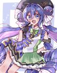  1girl anno_voc black_gloves black_hat blue_eyes blue_hair blush bow bowtie detached_sleeves dress fortissimo frilled_skirt frills gloves green_bow hair_between_eyes hair_intakes hat hat_ornament highres long_hair looking_at_viewer multicolored_hair musical_note_hat_ornament open_mouth otomachi_una otomachi_una_(sv) puffy_sleeves purple_hair ribbon shirt skirt solo streaked_hair striped_ribbon synthesizer_v twintails two-tone_skirt two-tone_vest v very_long_hair 