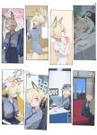  1girl absurdres adjusting_clothes adjusting_necktie animal_ears black_pantyhose black_skirt blonde_hair blue_archive breasts brushing_teeth can canned_coffee charging_device collage commentary dog_ears doodle_sensei_(blue_archive) dressing drink_can english_commentary giving grey_shirt hair_over_one_eye halo highres jacket kanna_(blue_archive) kanna_(young)_(blue_archive) large_breasts long_sleeves lonklink montage multiple_views necktie official_alternate_hair_length official_alternate_hairstyle one_eye_covered open_clothes open_jacket paid_reward_available pantyhose police police_uniform sensei_(blue_archive) sharp_teeth shirt shirt_tucked_in short_hair skirt teeth tie_clip train_interior unworn_jacket working yawning 