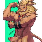  5_fingers abs anthro balls biceps blonde_hair blue_eyes blush digimon ear_piercing erection feline fist flexing fur grin hair humanoid_penis jewelry kemono leomon looking_at_viewer male mammal muscular muscular_male necklace nude partially_retracted_foreskin pecs penis piercing pose precum pubes slit_pupils smile solo tan_fur tan_skin tiggon_the_great uncut vein 