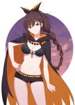  1girl belt bikini bikini_top_only black_bikini black_cape black_ribbon black_shorts breasts brown_hair cape cleavage closed_mouth cloud cloudy_sky commentary_request cowboy_shot dusk extra_pupils front-tie_bikini_top front-tie_top green_eyes groin hair_between_eyes hair_ribbon hand_on_own_hip high_ponytail highres large_breasts long_hair looking_at_viewer multi-tied_hair navel nemu_mohu orange_belt orange_cape partial_commentary ponytail re:zero_kara_hajimeru_isekai_seikatsu ribbon shaula_(re:zero) short_shorts shorts sidelocks sky smile solo standing star_(symbol) stomach swimsuit two-tone_cape 