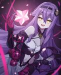  1girl absurdres bandaged_arm bandages black_hairband fang gloves hair_ornament hairband highres honkai_(series) honkai_impact_3rd long_hair looking_at_viewer navel open_mouth orange_eyes purple_hair red_gloves sirin solo teeth upper_teeth_only very_long_hair ziu 