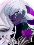  1boy blue_eyes colored_skin dark-skinned_male dark_skin earrings eve_199701 fate/grand_order fate_(series) flower highres indra_(fate) jewelry lightning_bolt_facial_mark looking_at_viewer male_focus shirt short_hair smile solo upper_body white_hair 