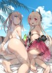  all_fours alternate_costume ass bangs barefoot bikini black_bikini blue_eyes blue_sky blush cloud commentary_request cover cup day drinking_glass eyebrows_visible_through_hair fang feet from_behind front-tie_top girls_frontline groin hair_between_eyes hair_ornament headgear highres holding holding_cup long_hair looking_at_viewer m4_sopmod_ii_(girls_frontline) multicolored_hair multiple_girls one-piece_swimsuit one_side_up open_mouth outdoors palm_leaf parted_lips pillow pink_hair prosthesis prosthetic_arm red_eyes red_hair red_sarong reflection ripples sarong see-through shiny shiny_skin side-tie_bikini sidelocks sky smile soles st_ar-15_(girls_frontline) streaked_hair sweat swimsuit tropical_drink white_swimsuit xie_yizhen 