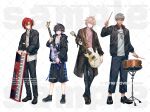  4boys :d acoustic_guitar alternate_costume arurandeisu belt black_hair black_jacket black_nails black_pants black_shoes black_shorts blue_belt brown_coat chain chain_necklace closed_mouth coat collared_shirt copyright_notice crew_neck drum drumsticks ear_piercing earrings flower food-themed_necklace full_body glasses green_eyes grey_hair grin guitar hair_between_eyes hair_flower hair_ornament hair_ribbon hairclip half_updo hanasaki_miyabi handprint headphones headphones_around_neck highres holding holding_drumsticks holding_guitar holding_instrument holostars hood hood_down hooded_jacket instrument jacket jewelry kanade_izuru keyboard_(instrument) lightning_bolt_hair_ornament lightning_bolt_symbol lineup long_sleeves looking_at_viewer male_focus multiple_boys naruta_iyo necklace official_art open_clothes open_coat open_collar open_jacket oxfords pants pendant piercing pink_hair pink_shirt plaid_clothes plaid_coat purple_eyes red-framed_eyewear red_hair ribbon rikka_(holostars) sample_watermark shirt shoes short_hair shorts single_earring sleeves_past_wrists smile sneakers standing t-shirt undercut untucked_shirt virtual_youtuber watermark watermark_grid white_background white_shirt yellow_eyes yellow_ribbon 