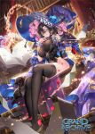 1girl arm_support black_cat black_leotard black_thighhighs blue_flower blue_robe book breasts brown_hair cat copyright_name detached_sleeves falling_petals flower frilled_hat frilled_wristband frills grand_archive green_eyes hair_between_eyes hair_over_shoulder hand_up hanh_chu hat hat_flower hat_tassel high_heels highres huge_breasts lace-trimmed_thighhighs lace_trim leotard library library_witch_(grand_achive) long_hair looking_at_viewer magic mole mole_under_mouth official_art on_table open_book orange_cat oversized_clothes oversized_hat parted_bangs petals pink_flower pink_nails purple_hat purple_robe robe rose round_eyewear scroll single_detached_sleeve single_sleeve sitting smile solo stiletto_heels table thighhighs tight_clothes two-sided_robe witch_hat 