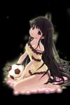  amaranth_(soccer_spirits) ball bare_shoulders barefoot black_background black_eyes black_hair breasts cleavage full_body highres holding holding_ball long_hair looking_at_viewer official_art petals simple_background sitting small_breasts soccer_ball soccer_spirits solo very_long_hair 