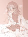  1girl @_@ akari_(raigou) anger_vein barefoot black_hair blush bottle elf flat_chest highres holding holding_bottle indoors long_hair open_mouth original pointy_ears raigou ribbed_sweater sepia solo sweater thick_eyebrows 