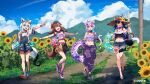  4girls :d ahoge airplane_arms animal_collar animal_ears aqua_eyes bag belt bikini bikini_under_clothes black_collar black_hair black_shirt blue_overalls blue_shorts braid brown_hair camisole cargo_pants cat_ears cat_girl cat_tail closed_eyes collar colored_inner_hair commentary_request copyright_notice crossed_bangs dog_ears dog_girl dog_tail double-parted_bangs drinking_straw eyewear_on_head flipped_hair food fox_ears fox_girl fox_tail frilled_shirt frills futo-inu hair_between_eyes hair_ornament hairclip hairpin hand_up hat holding holding_food holding_popsicle holding_swim_ring hololive hololive_gamers hoso-inu inugami_korone leg_ribbon listener_(inugami_korone) long_hair low-tied_long_hair low_twin_braids midriff miniskirt multicolored_hair multiple_girls navel nekomata_okayu off-shoulder_shirt off_shoulder official_alternate_costume official_alternate_hairstyle official_art ookami_mio open_fly open_mouth orange-tinted_eyewear outside_border outstretched_arms overalls pants pentagram pink_belt pointing popsicle purple_bikini purple_camisole purple_eyes purple_hair purple_pants purple_shoes rainys_bill red_hair ribbon sandals shirakami_fubuki shirt shoes short_sleeves shorts shoulder_bag sidelocks skirt smile sneakers spread_arms streaked_hair sukonbu_(shirakami_fubuki) sun_hat sunglasses swim_ring swimsuit t-shirt tail tail_around_own_leg thigh_ribbon tinted_eyewear twin_braids very_long_hair virtual_youtuber white_hair white_shirt white_shoes wide_brim wolf_ears wolf_girl wolf_tail yellow_skirt 