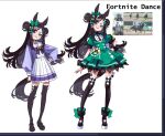  1girl animal_ears art_program_in_frame black_boots black_hair black_shoes black_thighhighs boots bow bowtie character_name commentary double_bun dress ear_bow english_commentary flipped_hair fortnite_dance_(racehorse) full_body green_bow green_dress green_eyes green_lips grin hair_bun hair_ornament hairclip horse_ears horse_girl horse_tail horseshoe_ornament long_hair long_sleeves personification pleated_skirt puffy_short_sleeves puffy_sleeves purple_bow purple_bowtie purple_shirt real_life reference_inset sailor_collar sailor_shirt school_uniform shirt shoes short_sleeves sidelocks simple_background skirt smile summer_uniform swept_bangs tail thighhighs tracen_school_uniform umamusume vanellabeam white_background white_skirt 