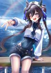  1girl :3 ;d absurdres alternate_costume animal_ears arm_support beret black_shorts blue_eyes blue_nails blue_one-piece_swimsuit blush breasts brown_hair cloud cloudy_sky commentary covered_collarbone covered_navel cowlick crop_top ear_covers glint gyaru_v hair_between_eyes hair_ornament hair_ribbon hat highres horse_ears horse_girl horse_tail light_rays long_hair long_sleeves looking_at_viewer manjo_(warito) medium_breasts mole mole_under_eye ocean one-piece_swimsuit one_eye_closed open_mouth outdoors rainbow ribbon sailor_collar sailor_shirt shirt short_shorts shorts sidelocks single_ear_cover sitting sky smile solo swimsuit swimsuit_under_clothes tail twintails umamusume v vivlos_(umamusume) white_hat white_shirt 