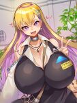  1girl :d apron armpit_crease between_breasts black_apron blonde_hair blush boryeon_(last_origin) breasts choker cleavage clothing_cutout colored_inner_hair earclip earrings gigantic_breasts gyaru hair_between_eyes hair_ornament hairclip heart highres indoors ivy jewelry last_origin long_hair looking_at_viewer mole mole_on_breast multicolored_hair name_tag pendant pixiv_id plant purple_eyes purple_hair shirt shoulder_cutout signature silver_choker smile solo strap_between_breasts stuffed_animal stuffed_toy teddy_bear teeth tongue triangle_hair_ornament twitter_username two-tone_hair umigarasu_(kitsune1963) very_long_hair w white_shirt window 