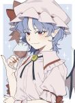  1girl bat_wings blue_hair bow brooch closed_mouth collared_shirt commentary cup drinking_glass fingernails frilled_shirt_collar frills hat hat_bow highres holding holding_cup jewelry light_smile long_fingernails mob_cap pink_hat pink_shirt pointy_ears red_bow red_eyes red_nails remilia_day remilia_scarlet sakic43899 shirt single_wrist_cuff solo touhou wine_glass wings wrist_cuffs 