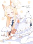  1girl absurdres animal_ears bird blonde_hair blue_archive commentary_request detached_sleeves dress ear_wreath flower_wreath forehead fox_ears fox_girl halo highres jinbeezame56830 long-tailed_tit long_hair looking_at_viewer necktie open_mouth pantyhose pink_eyes seia_(blue_archive) sleeves_past_fingers sleeves_past_wrists solo striped_clothes striped_pantyhose tit_(bird) translation_request twitter_username vertical-striped_clothes vertical-striped_pantyhose white_dress yellow_halo 