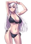  alternate_costume armpits arms_up ass_visible_through_thighs azur_lane bangs belfast_(azur_lane) bikini black_bikini blue_eyes blush bow_bikini braid breasts cleavage closed_mouth collarbone commentary_request cowboy_shot din_(raiden) eyebrows_visible_through_hair french_braid groin large_breasts long_hair looking_at_viewer navel side-tie_bikini silver_hair simple_background smile solo stomach swimsuit thighs toned white_background 