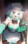  1girl :d absurdres apron black_bow black_bowtie blue_bow blue_eyes blurry blurry_background blush bow bowtie center_frills commentary detached_collar detached_sleeves doorway dress english_commentary fang frilled_dress frills ghostenjoyerguy7007 gradient_hair green_dress green_hair green_skirt hair_bow hair_ornament hairclip highres holding holding_tray indie_virtual_youtuber looking_at_viewer maid maid_headdress mint_fantome mint_fantome_(minto_2.0) multicolored_hair open_mouth pointy_ears pov_doorway reaching reaching_towards_viewer short_hair skin_fang skirt sleeveless sleeveless_dress sleeves_past_fingers sleeves_past_wrists smile solo striped_clothes striped_dress tray triangular_headpiece two_side_up vertical-striped_clothes vertical-striped_dress virtual_youtuber waist_apron wavy_hair white_apron white_hair x_hair_ornament 