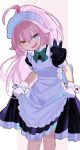  1girl ahoge alternate_costume apron blue_archive blue_eyes clothes_lift falken_(yutozin) feet_out_of_frame gloves green_ribbon hair_between_eyes halo heterochromia hoshino_(blue_archive) lifting_own_clothes light_blush long_hair looking_at_viewer maid maid_apron maid_headdress open_mouth pink_hair pink_halo ribbon short_sleeves skirt skirt_lift smile solo sweatdrop two-tone_background white_gloves yellow_eyes 