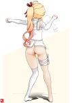 1girl absurdres ass bandaid bandaid_on_pussy blonde_hair from_behind highres hololive hololive_dev_is johnny_(braun-kan_cafe) motion_lines otonose_kanade shadow side_ponytail single_thighhigh solo standing thighhighs two-tone_background virtual_youtuber white_background white_thighhighs yellow_background 