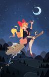  1girl ^_^ aino_minako ann_marcellino artemis_(sailor_moon) bag bishoujo_senshi_sailor_moon black_dress blonde_hair bow broom broom_riding cat closed_eyes commentary crescent crescent_moon crossover dress english_commentary full_body hair_bow landscape long_hair majo_no_takkyuubin moon night open_mouth red_bow red_shoes scenery shoes shoulder_bag sky smile solo star_(sky) starry_sky white_cat witch 
