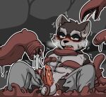 abs after_orgasm anthro ball_squeeze balls blush bodily_fluids bottomwear breath chest_tuft clothing cum cum_in_tentacles drooling ear_tuft erection facial_markings fur genital_fluids genitals grey_body grey_fur head_markings heart_eyes heart_symbol hi_res male mammal markings mask_(marking) muscular muscular_anthro muscular_male panting pants pecs penile penis_milking penis_tentacles procyonid pubes questionable_consent raccoon restrained restrained_by_tentacles saku1saya saliva sex solo sweat tentacle_creature tentacle_sex tentacles torn_bottomwear torn_clothing torn_pants tuft