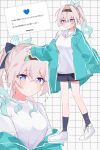  1girl alternate_costume blue_ribbon blue_shorts blush brown_hairband closed_mouth firefly_(honkai:_star_rail) gradient_hair green_pupils green_track_suit grey_hair hair_between_eyes hair_intakes hair_ornament hair_ribbon hairband highres honkai:_star_rail honkai_(series) j96s5k long_hair loose_clothes multicolored_eyes multicolored_hair polka_dot polka_dot_ribbon ponytail ribbon shirt shorts smile solo track_suit two-tone_eyes white_shirt 