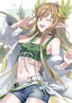  1girl ;d akekaede824 arknights arm_up bare_shoulders blonde_hair commentary cowboy_shot crop_top denim denim_shorts elf green_sports_bra grey_shorts groin highres jacket long_hair long_sleeves looking_at_viewer midriff mole mole_under_eye muelsyse_(arknights) navel off_shoulder one_eye_closed open_mouth pointy_ears salute short_shorts shorts sidelocks sleeveless smile solo sports_bra standing water water_drop white_jacket yellow_eyes 