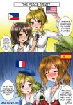  4girls america american_flag annamakko-tan artist_name beret blonde_hair blue_bow blue_eyes blue_hat blush bow braid brown_eyes choker comic commentary crying france french_braid french_flag green_eyes hair_bow hair_ribbon hand_on_another's_chest hand_on_another's_head hat implied_yuri money multiple_girls original personification philippine_flag philippines real_life ribbon short_hair spain spanish_flag streaming_tears tears updo 