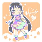  1girl :3 asobi_asobase bangs black_eyes black_hair blush boots bow bowtie chibi dress eyebrows_visible_through_hair flower frilled_dress frilled_sleeves frills full_body hand_on_own_face heart honda_hanako karin_(100100) long_hair low_twintails one_eye_closed outstretched_arms ribbon shiny shiny_hair simple_background solo star twintails unicorn very_long_hair 