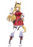  1girl absurdres animal_ears armband belt belt_pouch blonde_hair boots bow bowtie breasts brown_hat buttons commentary cosplay double-breasted dress ear_covers full_body gloves gold_ship_(umamusume) gold_ship_(umamusume)_(cosplay) hair_between_eyes hair_bow hand_on_own_hip hat high_heel_boots high_heels highres hololive hololive_indonesia horse_ears horse_girl horse_tail kaela_kovalskia large_breasts lips long_hair looking_at_viewer pantyhose pillbox_hat pointing pointing_at_self pointing_with_thumb pouch raikkonen red_bow red_bowtie red_dress red_eyes short_dress sidelocks simple_background sleeveless sleeveless_dress smile solo standing straight_hair tail taut_clothes taut_dress teeth tight_clothes umamusume virtual_youtuber white_background white_boots white_gloves 