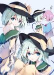  2girls 5nikorai :p absurdres back bare_shoulders black_hat blue_shirt bow collared_shirt commentary frilled_shirt_collar frills ghost_pose green_eyes green_hair grey_background hair_ornament hat hat_ribbon heart heart_hair_ornament highres jitome komeiji_koishi komeiji_satori long_sleeves looking_at_viewer looking_back multiple_girls multiple_views pink_hair purple_skirt ribbon shirt short_hair siblings sisters skirt sleeves_past_fingers sleeves_past_wrists third_eye toen_sleeves tongue tongue_out torn_clothes torn_shirt touhou translation_request yellow_bow yellow_ribbon yellow_shirt 