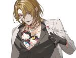  4boys black_choker black_gloves black_shirt blonde_hair chest_tattoo choker collarbone collared_shirt gloves hair_between_eyes hand_up highres ike_eveland jacket jewelry kaohom503 long_sleeves looking_down luca_kaneshiro luca_kaneshiro_(1st_costume) luxiem male_focus mini_person miniboy multiple_boys neck_tattoo necklace nijisanji nijisanji_en open_clothes open_jacket open_mouth open_shirt parted_bangs pectorals pinstripe_jacket pinstripe_pattern purple_eyes shirt short_hair shu_yamino simple_background smile tattoo teeth upper_body virtual_youtuber vox_akuma white_background white_jacket 