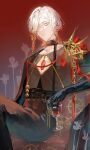  1boy absurdres blue_eyes chensheng375 chest_jewel cup drinking_glass earrings eyeshadow eyeshadow_under_eye fate/grand_order fate_(series) gradient_hair hair_ornament hair_over_one_eye highres holding holding_cup jewelry karna_(fgo_fes._2025)_(fate) looking_at_viewer makeup male_focus medium_hair multicolored_hair multiple_earrings pale_skin red_eyeshadow red_hair sitting solo white_hair wine_glass 
