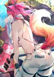  1girl absurdres ass backless_bodysuit black_bow bodysuit bow breasts from_side hair_bow hair_ornament hairband highres holding holding_towel kiraboshi_(kiraboshi-1025) long_hair looking_at_viewer looking_back lupa_(wuthering_waves) metal_hairband multiple_hair_bows pink_hair pov red_pupils tacet_mark_(wuthering_waves) tail towel white_bodysuit wolf_tail wrist_guards wuthering_waves yellow_eyes 