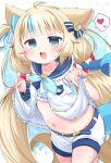  1girl :3 ahoge animal_ear_fluff animal_ears bikini blonde_hair blue_bikini blue_eyes blue_hair blue_nails blue_sailor_collar cat_ears commentary_request dress fang fins fish_girl fish_tail heart highres indie_virtual_youtuber long_hair looking_at_viewer low_twintails multicolored_hair navel one_side_up open_clothes open_dress open_mouth pokopokotarou1 sailor_collar sailor_dress sameko_saba short_shorts shorts solo speech_bubble spoken_heart streaked_hair striped_bikini striped_clothes swimsuit tail twintails two-tone_hair very_long_hair white_dress white_shorts 