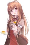  1girl :d animal_ear_fluff animal_ears black_dress blunt_bangs blush breasts brown_hair cake cheesecake collared_dress commentary_request cowboy_shot dress food fork grey_dress hands_up high_collar highres holding holding_cake holding_food holding_fork holding_plate incoming_food long_hair long_sleeves looking_at_viewer medium_breasts metal_arm_cuffs metal_hair_tubes neck_ribbon open_mouth pink_eyes plate raccoon_ears raccoon_girl raccoon_tail raphtalia red_dress red_ribbon ribbon sleeveless sleeveless_dress smile solo straight_hair striped_clothes striped_dress tail tate_no_yuusha_no_nariagari two-tone_dress vertical-striped_clothes vertical-striped_dress wari_(nirodo26) 