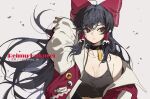  1girl alternate_costume arm_behind_head arm_up artist_name bare_shoulders black_camisole black_choker black_hair bow breasts brown_eyes camisole character_name choker cleavage closed_mouth collarbone commentary_request hair_between_eyes hair_bow hair_tubes hakurei_reimu highres jacket large_breasts long_hair long_sleeves looking_to_the_side off_shoulder open_clothes open_jacket red_bow red_jacket shimiya_jin sidelocks simple_background solo spaghetti_strap touhou twitter_username upper_body very_long_hair white_background 