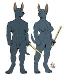  2018 animal_genitalia anthro anubian_jackal balls black_fur breasts canine casual_nudity duo eye_contact female fully_sheathed fur holding_object jackal male mammal muscular nipples nude pussy rick_griffin sheath simple_background standing white_background yellow_eyes 