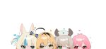  4girls absurdres ahoge animal_ear_fluff animal_ears blonde_hair blue_eyes blue_hair cat_ears dooby_(vtuber) green_eyes hair_ornament hana20000920 hat heart highres indie_virtual_youtuber looking_at_viewer multicolored_hair multiple_girls mumble_(shachimu) nimi_nightmare nurse_cap one_eye_closed paper_boat pink_eyes pink_hair sameko_saba short_hair streaked_hair tapir_ears tapir_girl virtual_youtuber yellow_eyes 