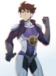  backlighting bodysuit brown_hair clenched_hand contrapposto facial_hair gradient gradient_background hayasugi_hokuto headset male_focus pilot_suit ponzu_(beetle_burner) shinkansen_henkei_robo_shinkalion simple_background solo spiked_hair standing stubble sweatdrop white_background 
