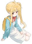  1girl ahoge backpack bag blonde_hair blue_jacket bocchi_the_rock! bow bowtie closed_mouth cropped_legs dress highres ijichi_nijika jacket long_hair long_sleeves open_clothes open_jacket orange_eyes polka_dot_bowtie red_bow red_bowtie schu_1112 side_ponytail simple_background solo very_long_hair white_background white_dress 