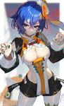  1girl adapted_costume bangboo_(zenless_zone_zero) belle_(delicate_sunlight)_(zenless_zone_zero) belle_(zenless_zone_zero) between_breasts black_shorts blue_hair breasts cleavage closed_mouth commentary_request crossed_bangs eous_(zenless_zone_zero) fingernails green_eyes green_nails hat jiangshi large_breasts nail_polish official_alternate_costume ofuda pantyhose scottie_(phantom2) short_hair shorts solo standing white_pantyhose zenless_zone_zero 