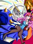  1girl absurdres black_thighhighs blue_camisole blue_eyes blue_hair breasts camisole cleavage commentary digimon digimon_(creature) digimon_story:_cyber_sleuth highres jacket mecha multicolored_hair omegamon pink_background pink_jacket red_hair robot setsu_(knint_) shiramine_nokia shoulder_spikes simple_background spikes streaked_hair thighhighs twintails two-tone_hair w 