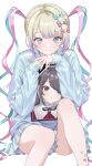  1girl ame-chan_(needy_girl_overdose) black_hair blonde_hair blue_eyes blue_hair blue_serafuku blue_shirt blue_skirt bow chouzetsusaikawa_tenshi-chan commentary grey_eyes hair_bow hair_ornament heart highres inami_(x_spidekawaii_x) long_hair long_sleeves looking_at_viewer multicolored_hair multiple_hair_bows nail_polish needy_girl_overdose pink_hair portrait_(object) school_uniform serafuku shirt sitting skirt smile twintails white_background x_hair_ornament 