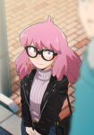  1girl absurdres bag black_jacket boku_no_hero_academia earrings glasses handbag haneyama_kazuho highres jacket jewelry kurohana14 looking_at_another looking_up pink_eyes pink_hair shirt simple_background solo turtleneck turtleneck_shirt v_arms vigilante_-boku_no_hero_academia:_illegals- 