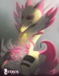  5_fingers collar digital_media_(artwork) dragon fur furred_dragon pink_eyes simple_background solo teisol yellow_fur 