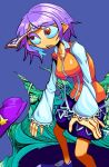  1girl alternate_eye_color blue_background blue_shoes breasts commentary_request foot_out_of_frame hat hat_loss hat_ornament highres long_sleeves looking_afar medium_breasts miyako_yoshika nag.n newsboy_cap ofuda open_mouth orange_eyes orange_vest pointy_ears purple_hair purple_hat purple_skirt shirt shoes short_hair skirt solo standing star_(symbol) star_hat_ornament touhou vest white_shirt 