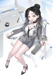  1girl black_hair black_jacket black_nails black_necktie black_skirt blue_eyes blush braid braided_bangs breasts chair chico_haine cleavage coffee collared_shirt commentary_request computer desk earrings full_body grey_hair hair_bun high_heels highres indie_virtual_youtuber jacket jewelry large_breasts long_hair long_sleeves looking_at_viewer mayuri_kaichou multicolored_hair nail_polish necktie on_chair open_clothes open_jacket open_mouth pen sample_watermark shirt single_hair_bun sitting skirt smile solo virtual_youtuber watermark white_shirt 