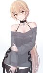  1girl absurdres alternate_costume bare_shoulders black_choker blonde_hair blush bra breasts casual choker girls&#039;_frontline girls&#039;_frontline_2:_exilium groza_(girls&#039;_frontline_2) hair_between_eyes hair_ornament hairclip highres hip_focus holding_own_arm long_hair looking_at_viewer medium_breasts off-shoulder_sweater off_shoulder ots-14_(girls&#039;_frontline) pantyhose ponytail sandanjuu smile solo sweater underwear very_long_hair yellow_eyes 