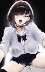  1boy 1girl alternate_costume alternate_hair_length alternate_hairstyle black_background black_bow black_bra black_choker black_hair black_panties black_thighhighs blue_archive blue_skirt bow bra bra_visible_through_clothes breasts choker cleavage ei_(eiei_e1) halo highres large_breasts open_mouth panties red_eyes red_halo rio_(blue_archive) saliva shirt short_hair sitting sitting_on_person skirt teeth thighhighs tongue tongue_out underwear upper_teeth_only white_shirt 