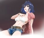  1girl alternate_costume belt blue_eyes blue_hair bra bracelet breasts cosplay denim denim_shorts hair_intakes hololive hololive_english jewelry kwon_eun-bi kwon_eun-bi_(cosplay) large_breasts navel open_clothes open_mouth open_shirt ouro_kronii plaid_clothes plaid_shirt real_life shirt shorts solo underwear virtual_youtuber white_bra yd_(orange_maru) 
